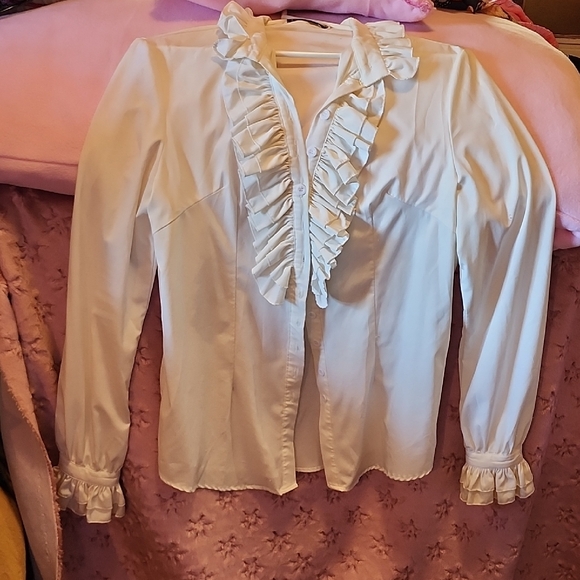 White Ruffled Button-Up Blouse - Picture 1 of 2